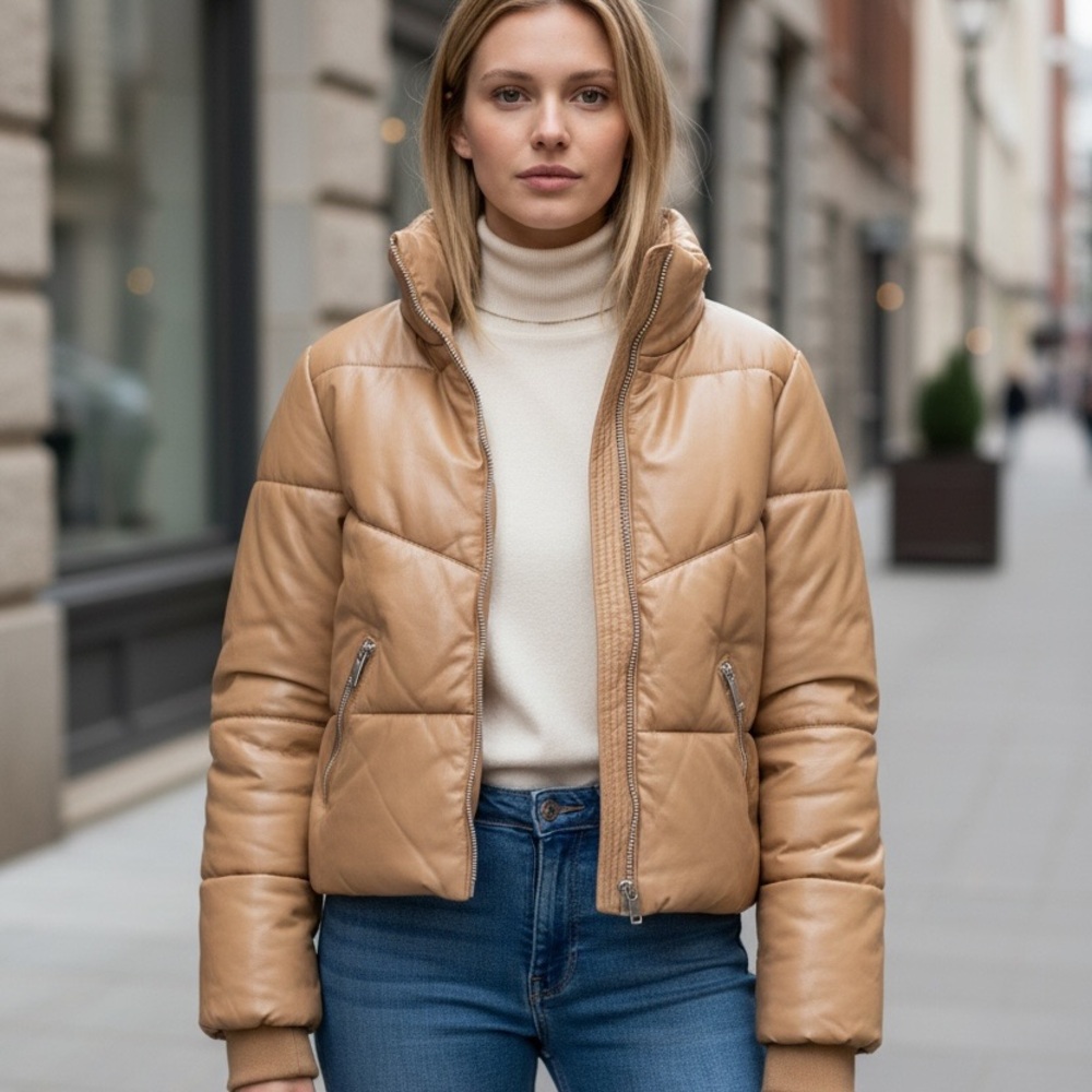 Walter Baker Lamb Leather Camel Puffer Jacket